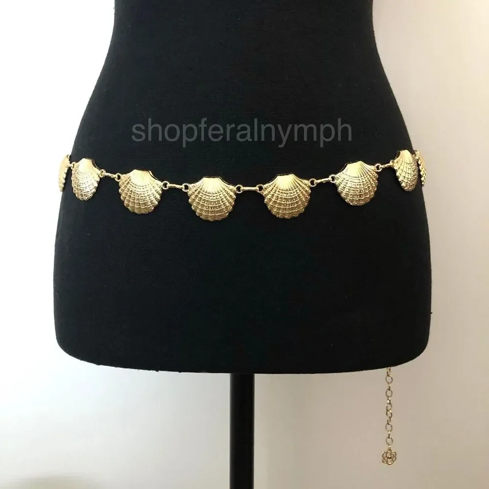 Vintage Y2K Mermaidcore Gold Seashell Chain Belt, Fits 23.5–43 Inches, X7GA1148